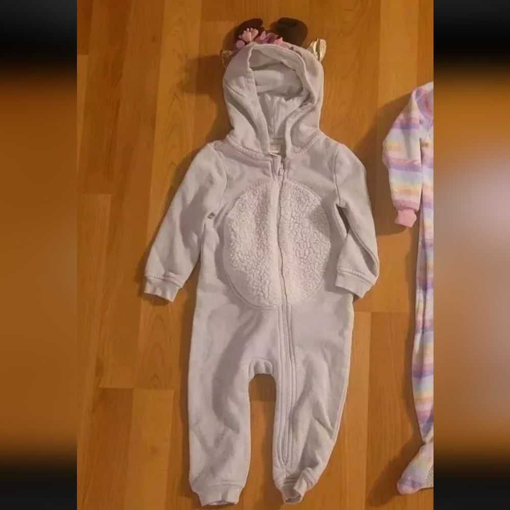 Cat&Jack Girls 12-mos 1-Piece Fleece Hooded Pajama Deer Beige Pink W/horn & tail